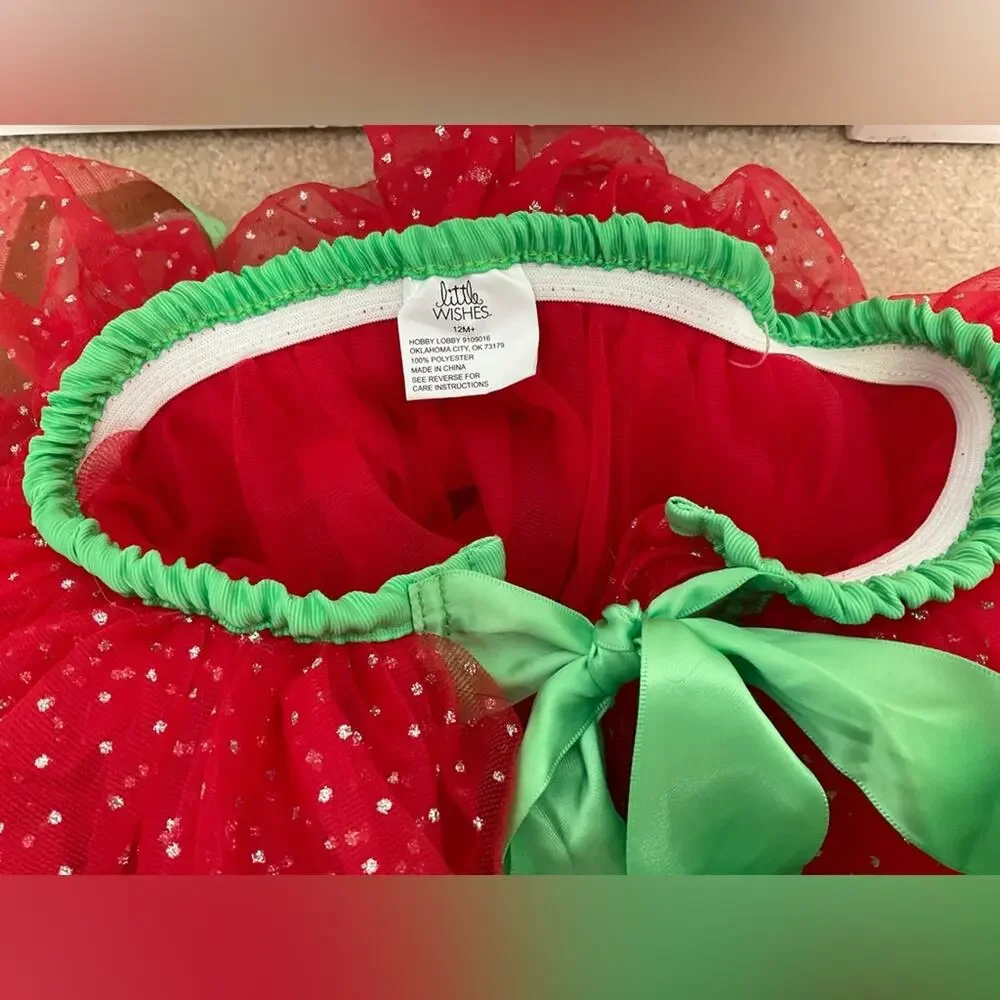 LITTLE WISHES CHRISTMAS RED GREEN SPARKLE RIBBON TIE BABY TUTU SZ 12M+